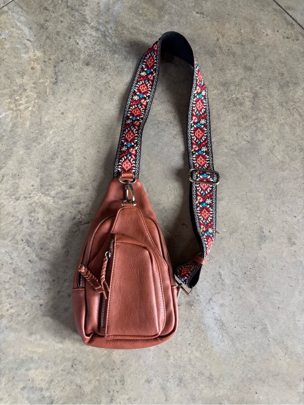 Leather Crossbody Sling Bag in Brown with Patterned Strap